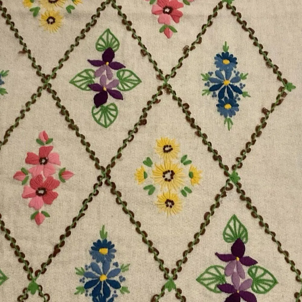 Vintage Handmade Throw Crewel Embroidered Cottage Granny Wool 54 X 66 MCM